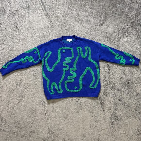Threaded Leaf Dinosaur Knit Sweater Blue Pullover Womens S - Picture 2 of 8